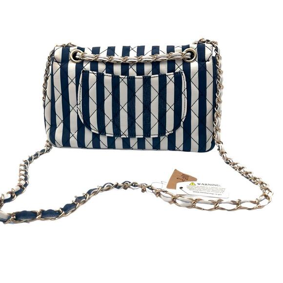 Hello 3AM Blue & White Stripe Nautical Shoulder Clutch Gold Chain Crossbody Bag - Picture 3 of 12